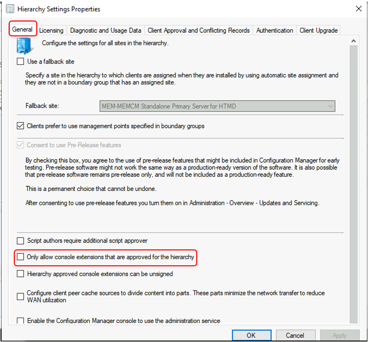 SCCM Console - Hierarchy Settings Properties 