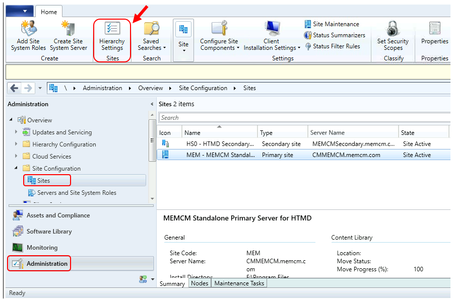 SCCM Console - Administration > Sites > Hierarchy Settings 