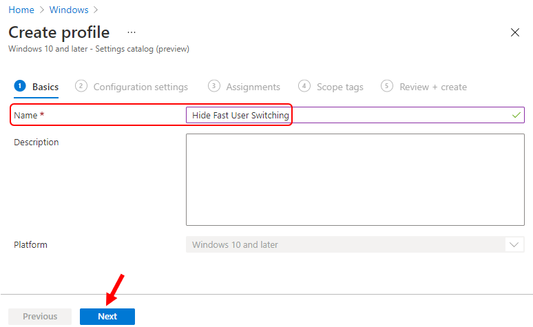 Settings Catalog - Disable Fast User Switching using Intune