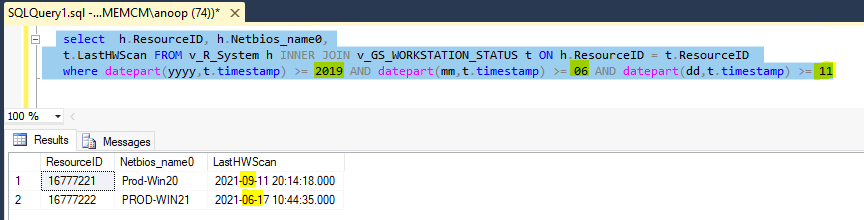 List of SCCM clients with latest Hardware Inventory in last 7 days