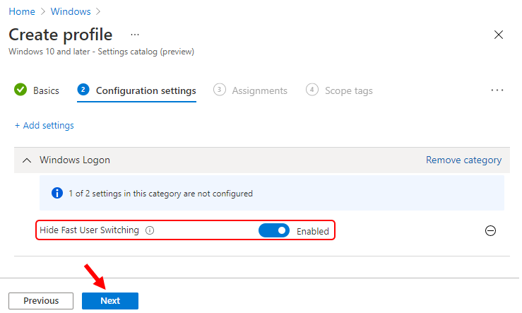 Settings Catalog - Disable Fast User Switching using Intune