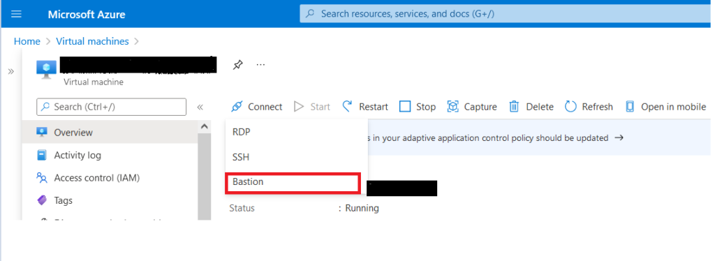 Azure Portal - Select Bastion from the dropdown 