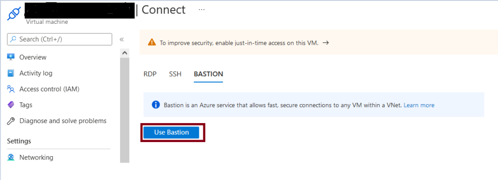 Azure Bastion - Click on Use Bastion button.  