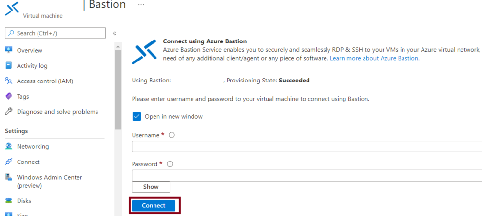 Azure Bastion - Click on Connect 