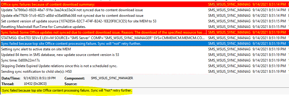 SCCM WSUS Office Updates Sync Failed with Error 400