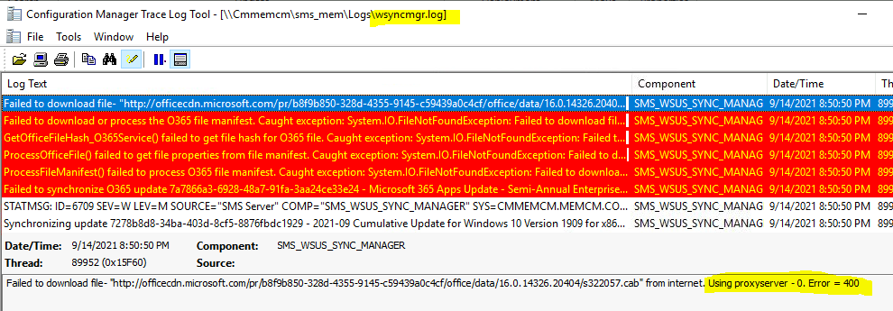 SCCM WSUS Office Updates Sync Failed with Error 400