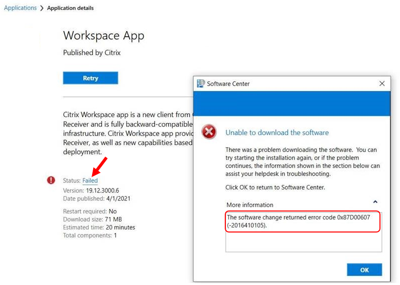 Software Center - SCCM Application Installation Failed 0x87D00607