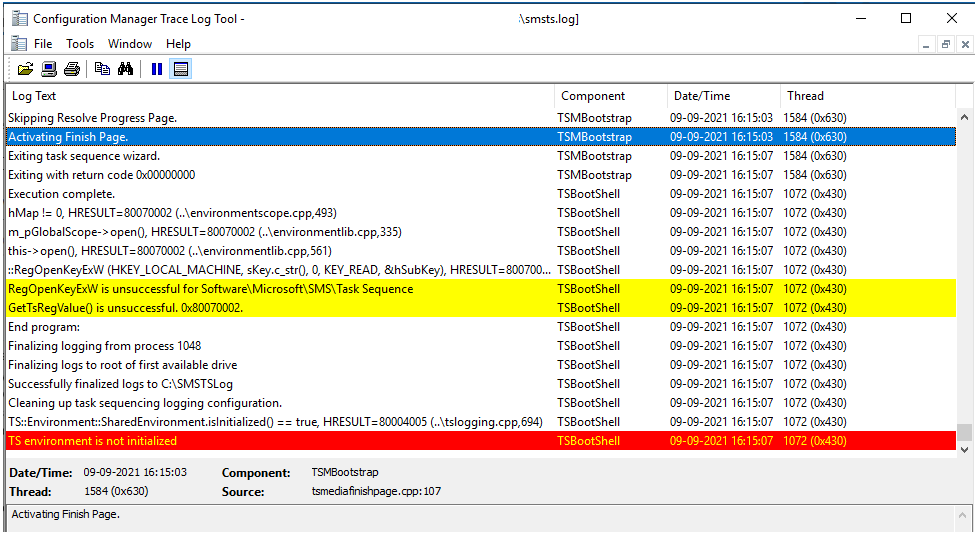 SMSTS log - SCCM TS environment is not initialized Error 0x80007002