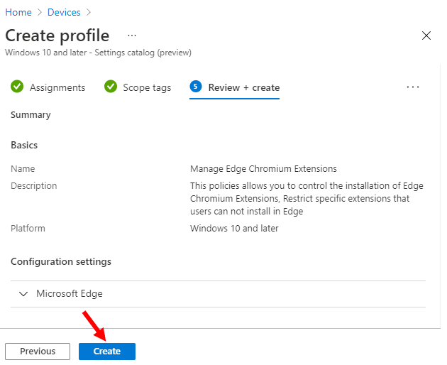 Review + Create – Device Configuration Profile
