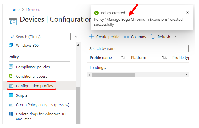 Policy “Manage Edge Chromium Extensions” created successfully