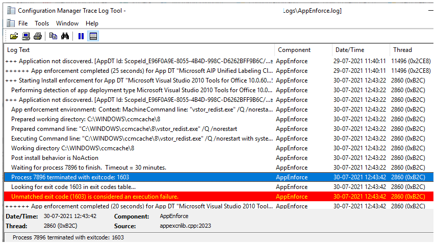 AppEnforce.log -  Application Installation Failed Unmatched Exit Code 1603 