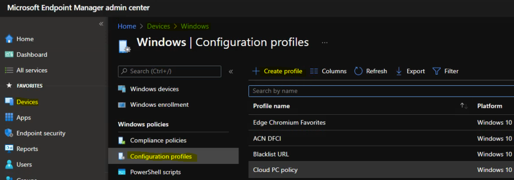 Intune Configuration Profiles – Create Profile
