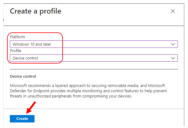 Intune Attack surface reduction – Select Platform, Profile type
