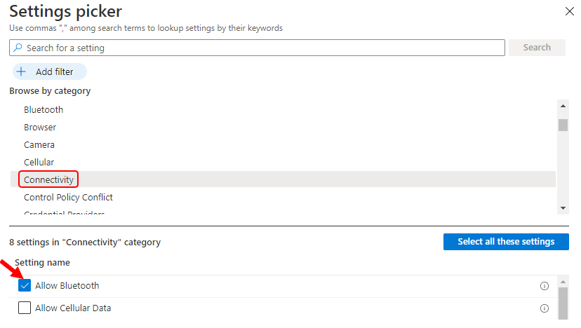 Settings Picker – Connectivity | Allow Bluetooth