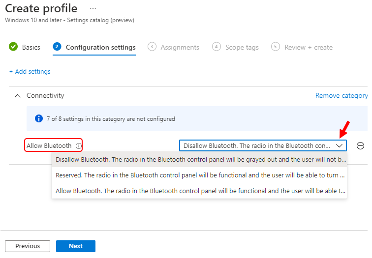 Settings Catalog – Disallow Bluetooth using Intune