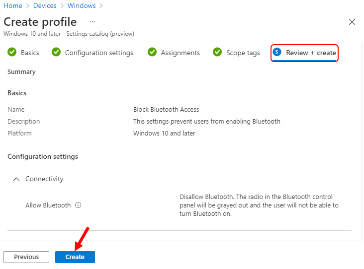 Review + Create – Device Configuration Profile