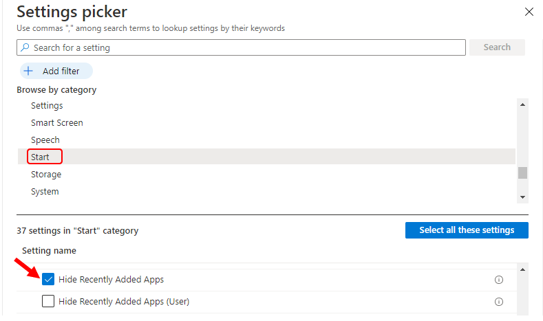 Remove Recently Added Apps from the Start Menu using Intune 5 Settings Picker – Start | Hide Recently Added Apps