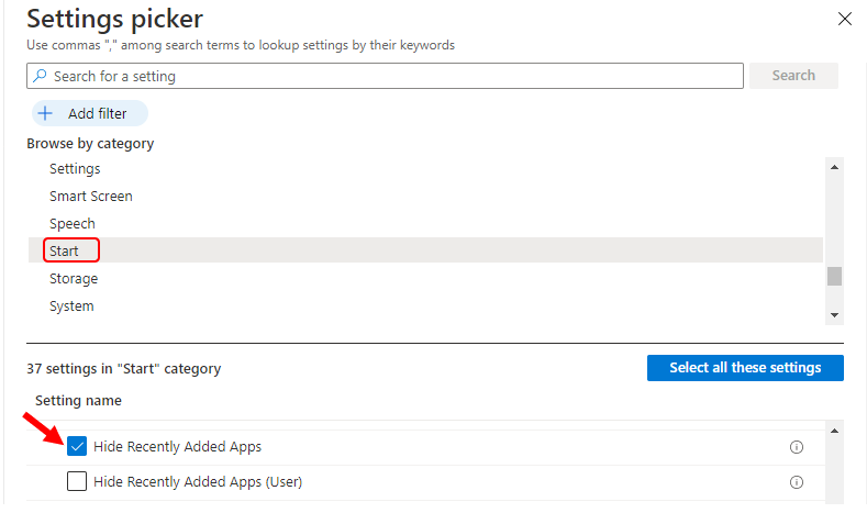 Settings Picker – Start | Hide Recently Added Apps