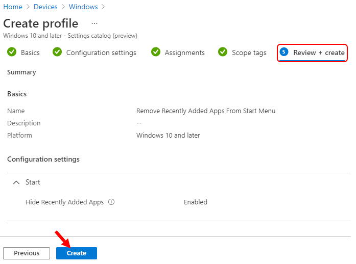 Review + Create – Device Configuration Profile