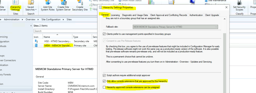 Hierarchy Settings options for New Style of SCCM Console Extensions How to Install SCCM Console Extensions