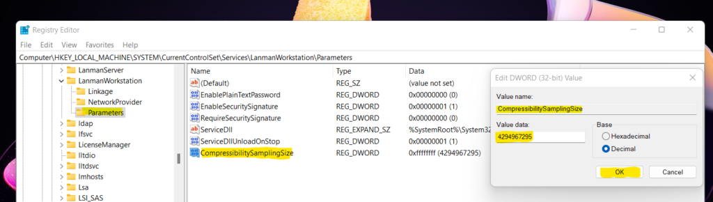 Configure Windows 11 SMB compression improvements to Compress File Aggressively 2