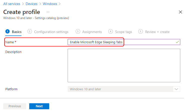 Intune Configuration Profiles – Select Platform, Profile type