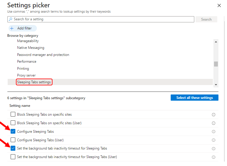 Settings Picker – Microsoft Edge > Sleeping Tabs | Configure Sleeping Tabs