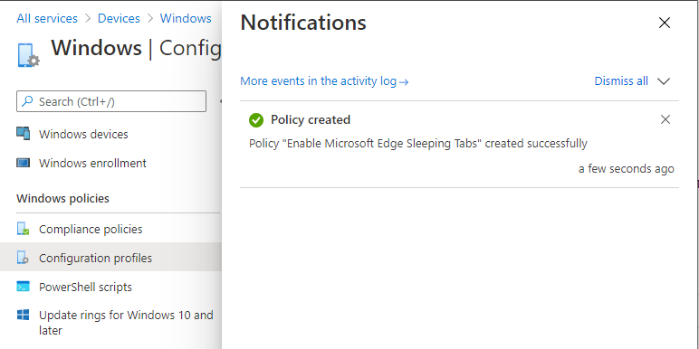 Policy "Enable Microsoft Edge Sleeping Tabs" created successfully.