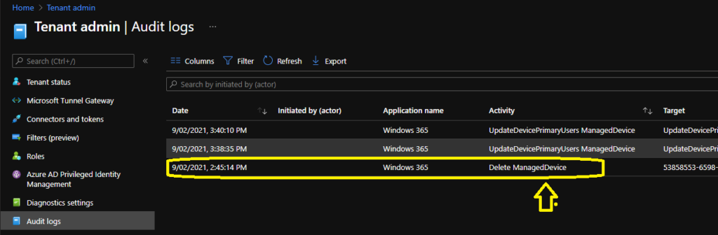 Windows 365 Cloud PC Audit Logs