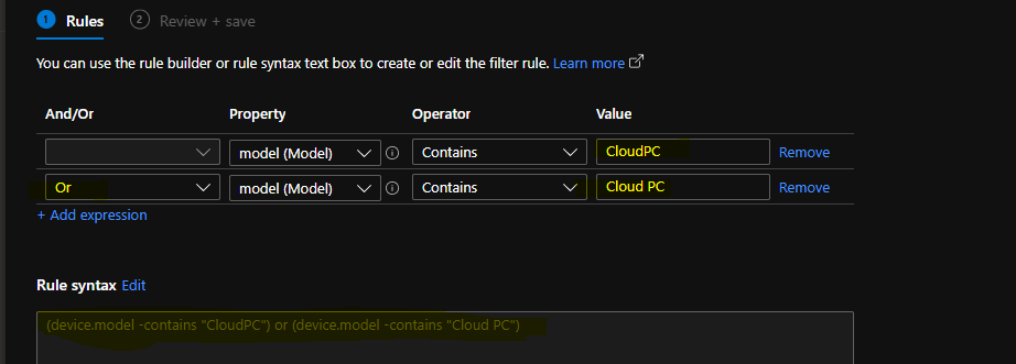 Create a Filter Rule for Windows 365 Cloud PCs using Intune 2 Create Intune Filter Rule for Cloud PCs (Enterprise and Standard)