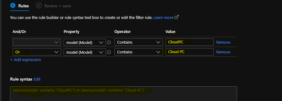 Create Intune Filter Rule for Cloud PCs (Enterprise and Standard)