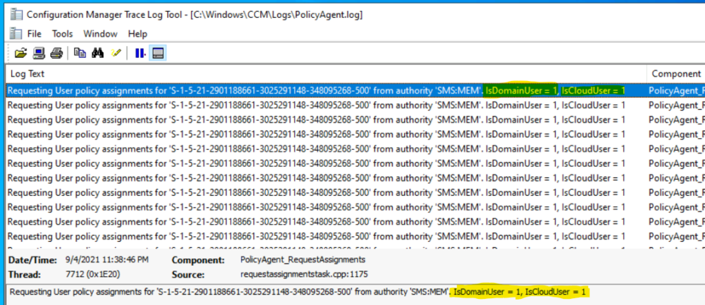 IsDomainUser = 1 IsCloudUser=1  - SCCM Logs Show IsDomainUser IsCloudUser