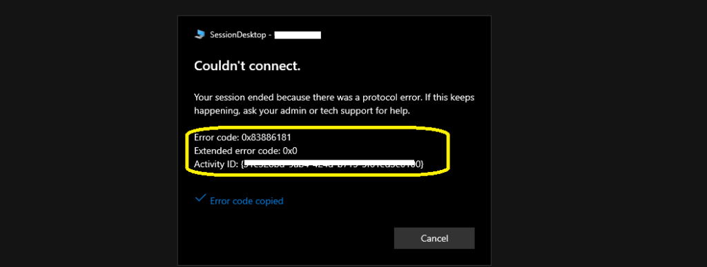 AVD VM RD Client Connection Error 0x83886181