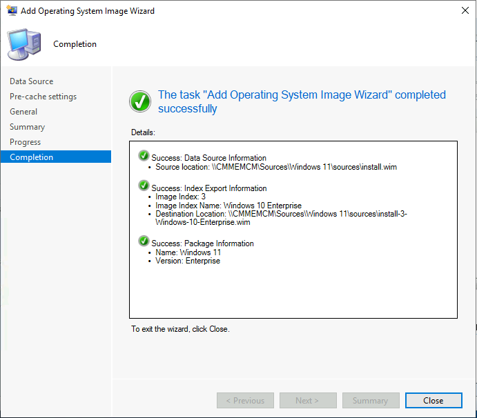 The task Add Operating System Image Wizard completed sucessfully 