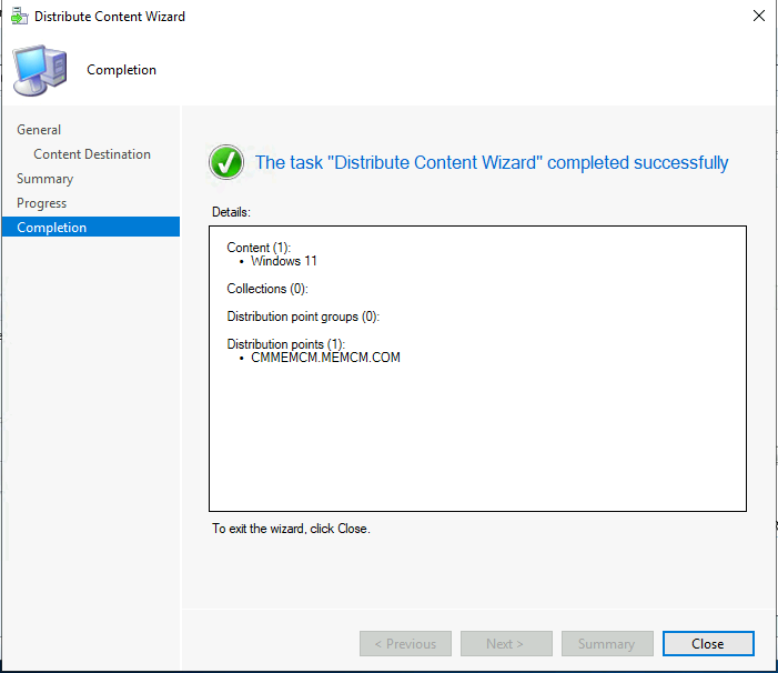 The task Distribute Content Wizard completed sucessfully 