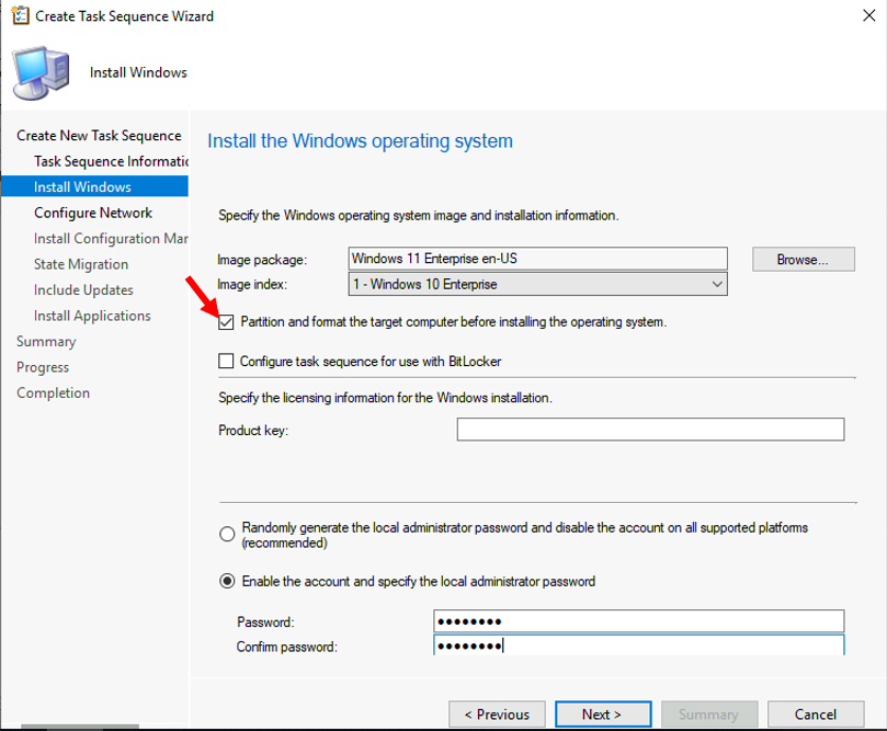 Create Task Sequence Wizard - Specify the Windows OS and Installation Information