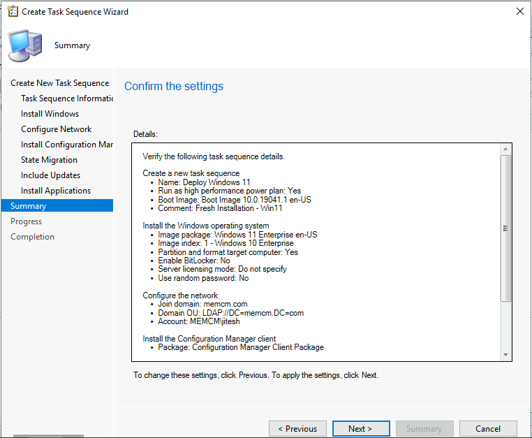 Windows 11 Task Sequence - Confirm the task sequence details