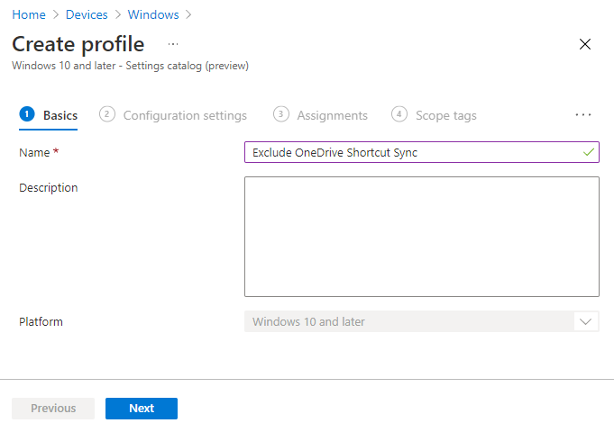 Create Profile -  Exclude OneDrive Shortcuts Sync using Intune 