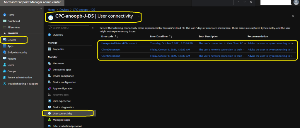 Cloud PC Connectivity Errors Report from MEM