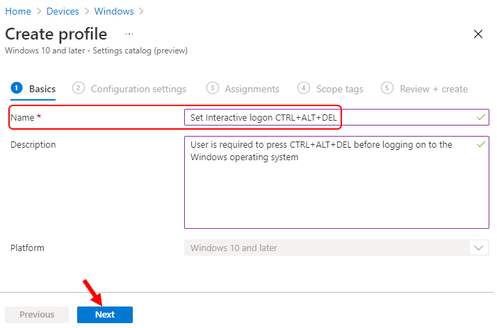 Create Profile – Enter Name, Description for profile setting