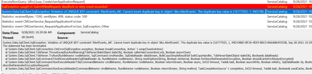 SCCM Application Request Failed SqlException caught in SubmitNewRequest deadlock or retry count exceeded