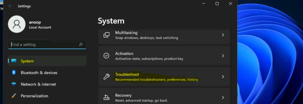  Windows 11 Troubleshooter  from Settings page