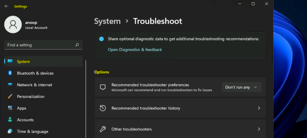   Windows 11 Troubleshooting Options from Settings page 