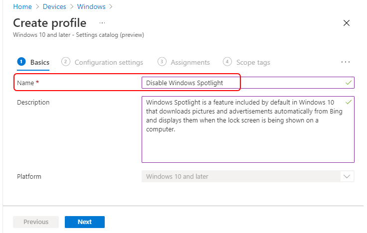 Create Profile - Disable Windows Spotlight using Intune