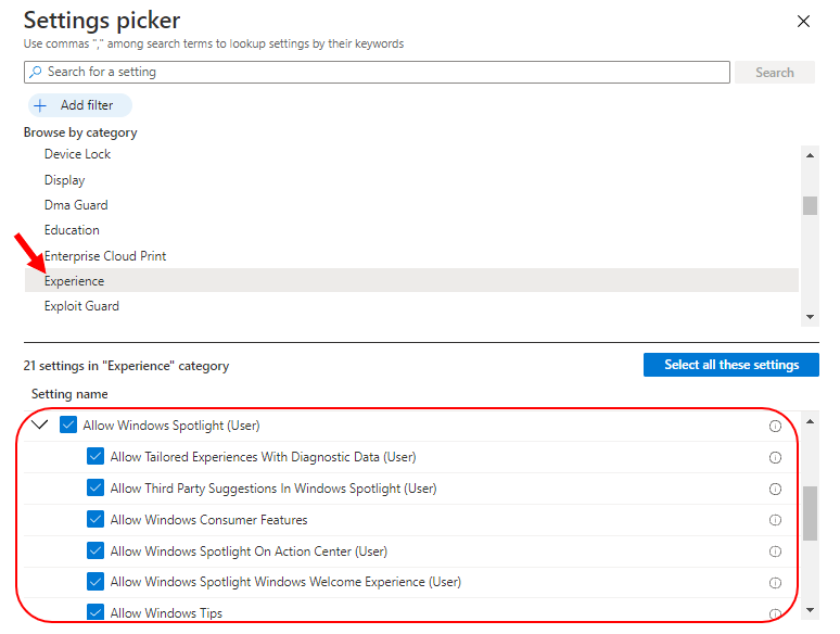 Settings picker – Experience | Disable Windows Spotlight using Intune