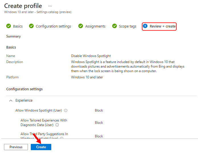 Review Configuration Settings - Disable Windows Spotlight using Intune