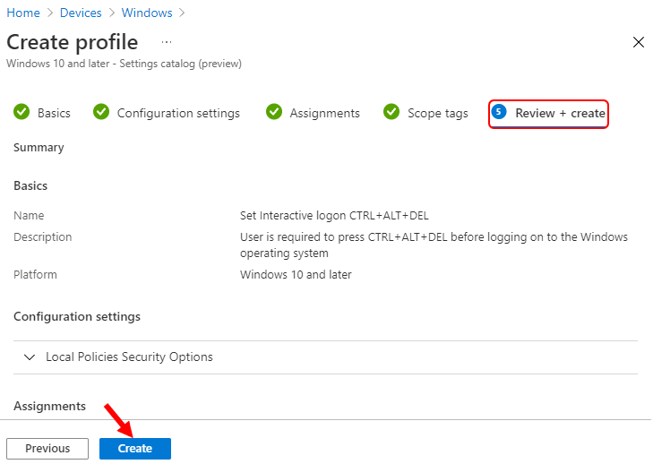 Review + Create – Device Configuration Profile