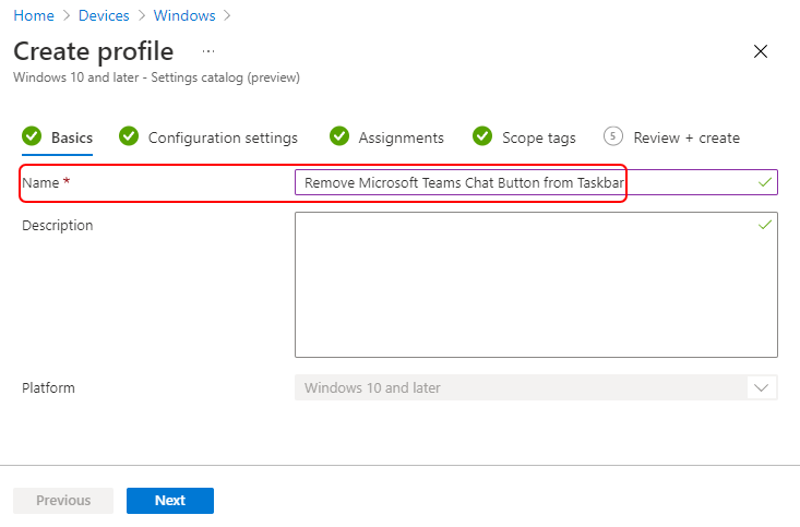 Create Profile - Remove Microsoft Teams Chat Icon From Taskbar Using Intune