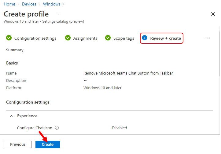 Review Configuration Settings – Remove Microsoft Teams Chat Button from Taskbar