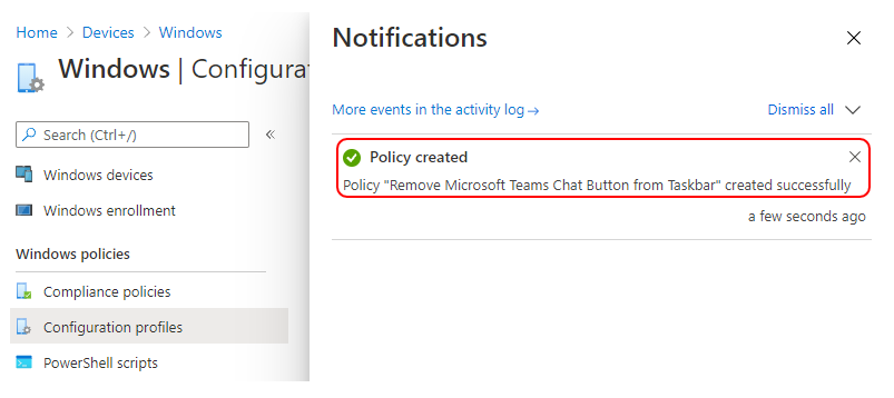 Policy “Remove Microsoft Teams Chat Button from Taskbar” created successfully